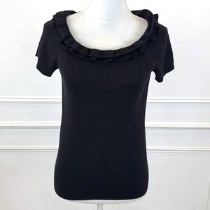 Cable & Gauge Women Black Ribbed Knit Short Sleeve Ruffle Neck Top Size M
